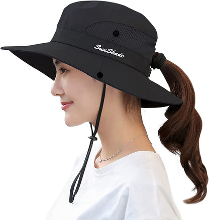 Muryobao Women'S Ponytail Sun Hat UV Protection Foldable Mesh Wide Brim Beach Fishing Hat Apparel & Accessories > Clothing Accessories > Hats Muryobao Pure Black  