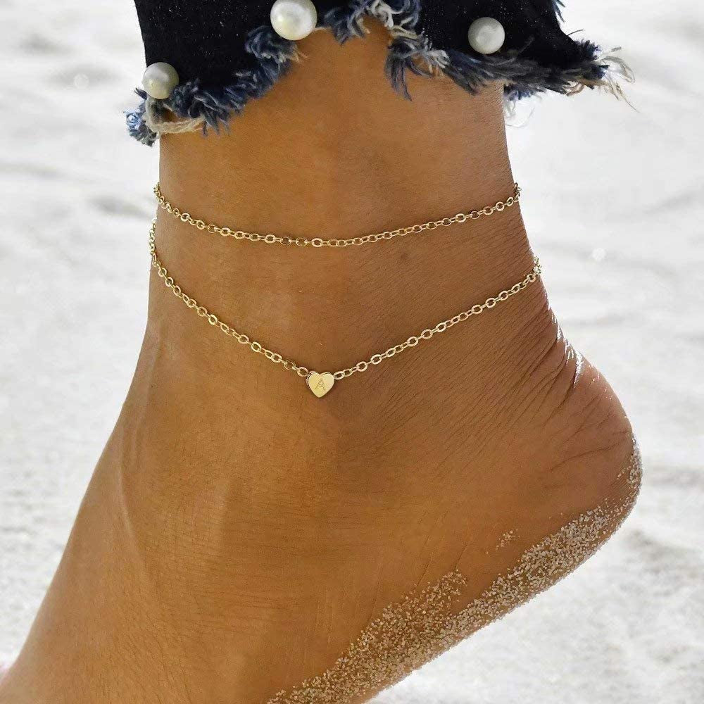 Turandoss Heart Initial Ankle Bracelets for Women, 14K Gold Filled Handmade Dainty Layered Anklet Letter Initial Heart Ankle Bracelets for Women Beach Jewelry Gifts Apparel & Accessories > Jewelry > Anklets Turandoss   