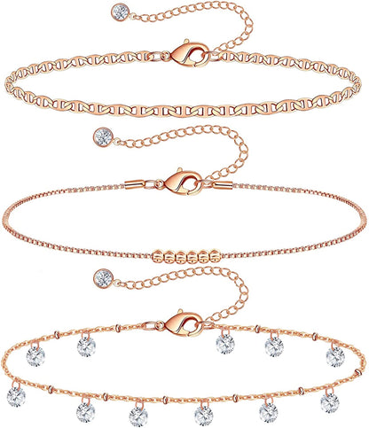 Gold Ankle Bracelets for Women 14K Gold Plated Anklet Silver Rose Gold Evil Eye Tennis Crystal Cubic Zirconia Faux Diamond Rhinestone Anklet Dainty Layered Anklet Set 3Pcs Apparel & Accessories > Jewelry > Anklets Vermeyen F-Rose Gold Flat Mariner  