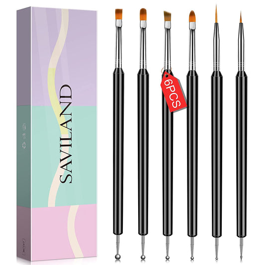 Saviland Nail Art Brushes Set - 6Pcs Double-End Nail Art Brushes Kit Professional Nail Art Tools Kit with Painting Dotting Line Pen for Gel Polish Nail Design Nail Carving French Nails Health & Beauty > Personal Care > Cosmetics > Cosmetic Tools > Nail Tools SAVILAND A-6 Pieces Nail Art Brushes  