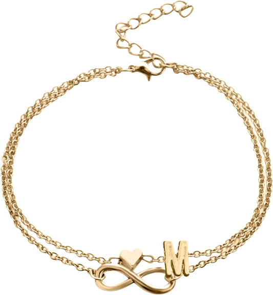 Heart Layer Anklet Female Bracelets Letters Letters Chain Double Initial 26 Letter Alert Bracelet for (M, One Size) Apparel & Accessories > Jewelry > Anklets Generic   