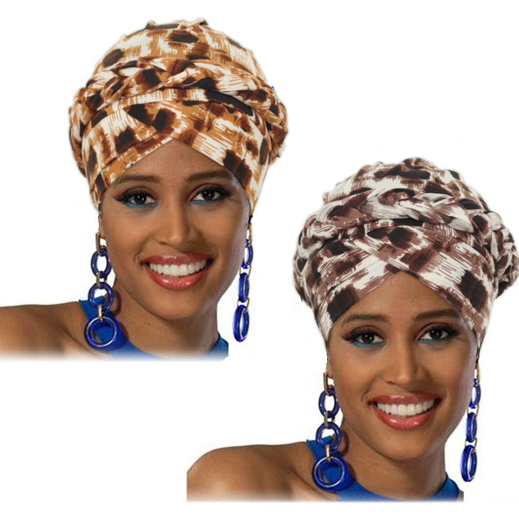 Woeoe African Turban Leopard Print Stretch Headwear Print Pattern Head Scarf Elastic Beanie Cap Head Wrap for Women and Girls(2 Pieces) Red Apparel & Accessories > Clothing Accessories > Headwear Woeoe Brown  