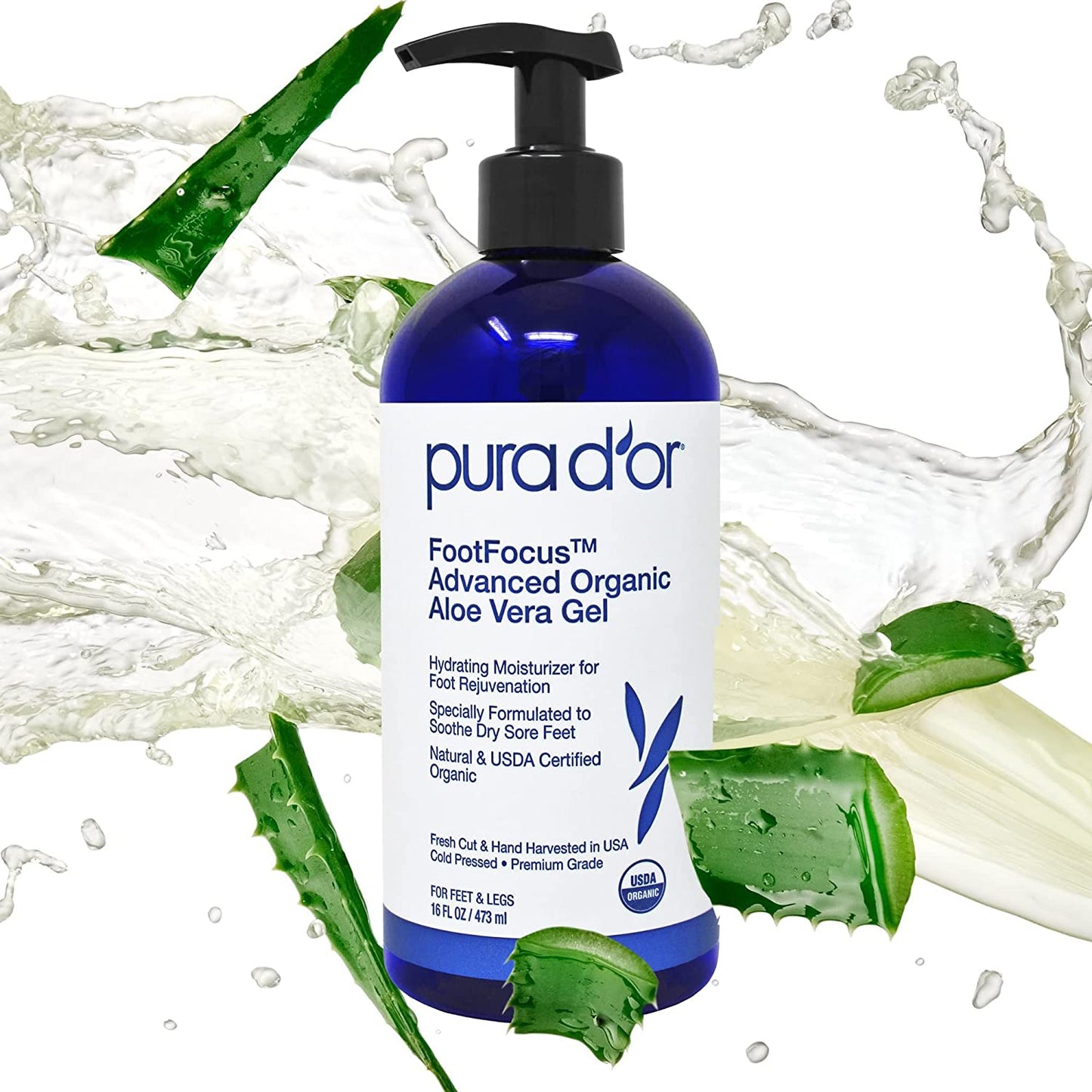 PURA D'OR Footfocus Advanced Organic Aloe Vera Gel (16Oz) Hydrating Moisturizing Foot Care - Rejuvenates & Soothes Dry, Sore Feet & Legs - Helps Reduce Odor - for Men & Women Health & Beauty > Personal Care > Foot Care PURA D'OR   