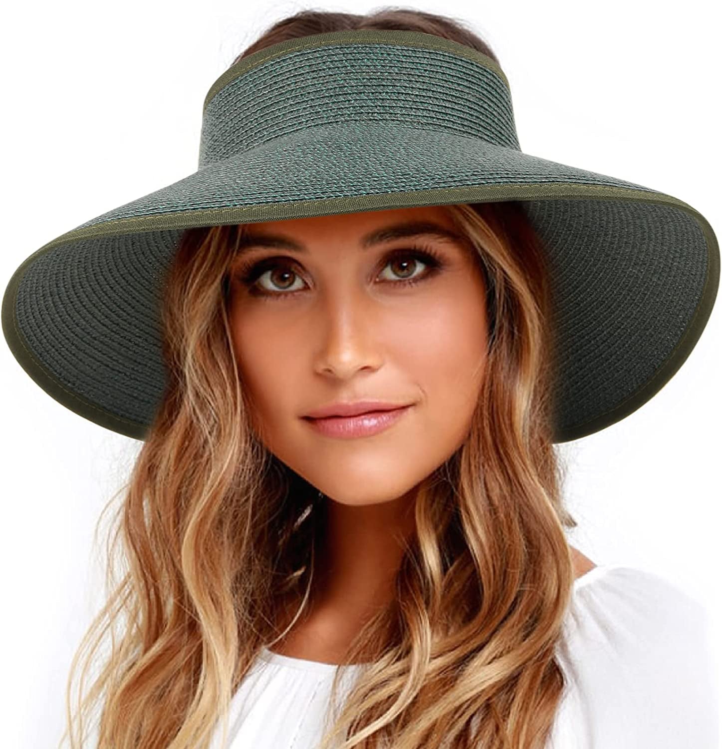 FURTALK Sun Visor Hats for Women Wide Brim Straw Roll up Ponytail Summer Beach Hat UV UPF Packable Foldable Travel Apparel & Accessories > Clothing Accessories > Hats KYLIE MAX Dark Green Medium 