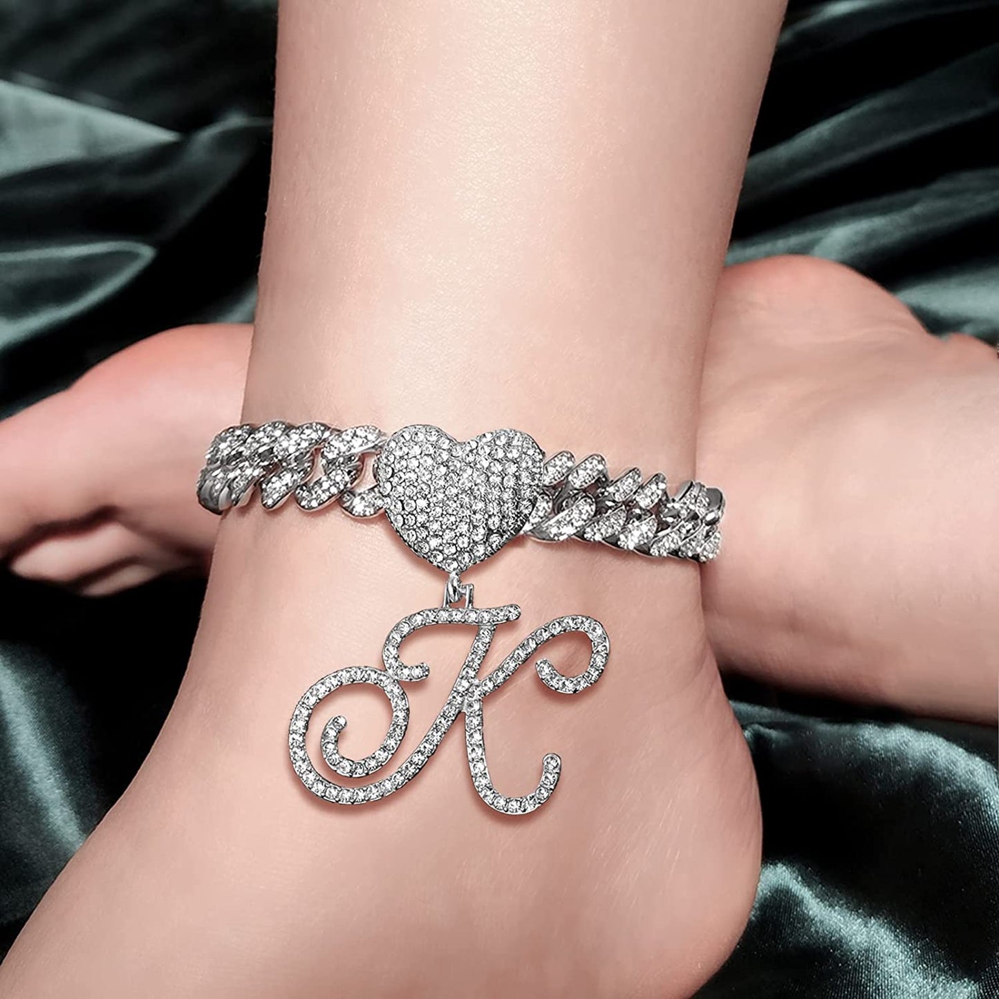 KKJTDS 13Mm Silver Cuban Link Anklets for Women Cursive Pendant Miami Cuban Link Chain Ankle Bracelets for Women Hip Hop Iced Out Letter Chain Anklet Apparel & Accessories > Jewelry > Anklets KKJTDS   