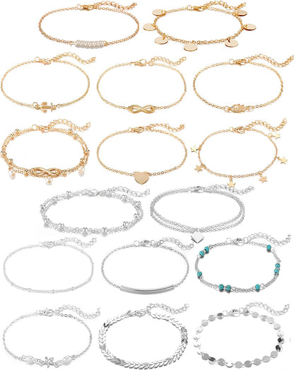 Softones 16Pcs Ankle Bracelets for Women Girls Gold Silver Two Style Chain Beach Anklet Bracelet Jewelry Anklet Set,Adjustable Size Apparel & Accessories > Jewelry > Anklets Softones C:8-gold 8-silver  