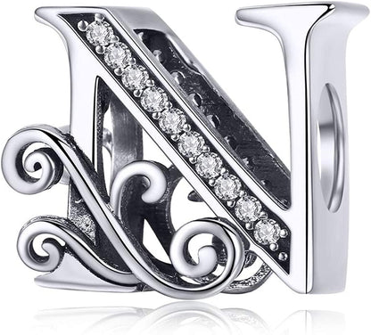 Solid 925 Sterling Silver with Cubic Stones, Complete A~Z Gift Options Alphabet Charm Letter Beads Fit Pandora European Bracelets Apparel & Accessories > Jewelry > Bracelets ABAOLALA ALPHABET N  