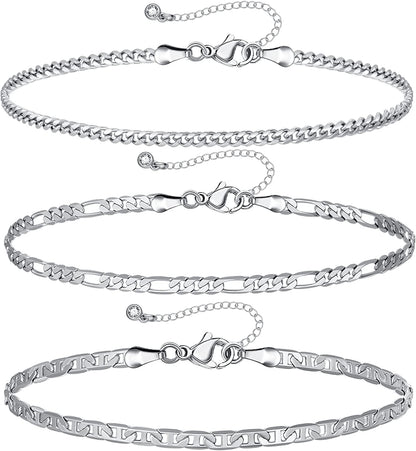 Kissyan Gold Layered Ankle Bracelets for Women, Dainty 14K Gold Plated Layering Anklets Set Adjustable Fashion Cuban Link Snake Tennis Chain Ankles Summer Beach Foot Jewelry Gifts for Women Girls Apparel & Accessories > Jewelry > Anklets KissYan C-Silver  