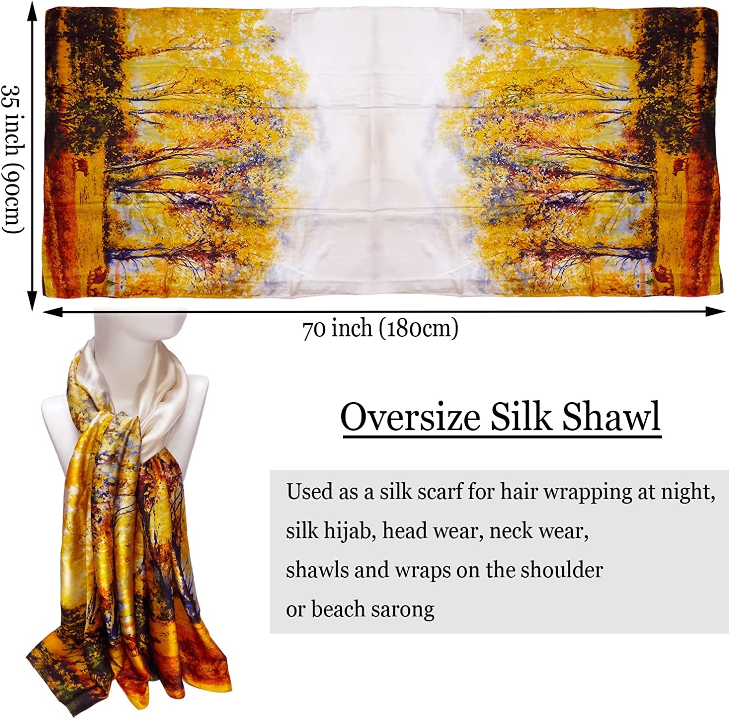 Silk Scarf for Women Fashion Long Satin Lightweight Large Shawl Wrap Printed Sleep 70''X35'' Apparel & Accessories > Clothing Accessories > Scarves & Shawls Wealish   