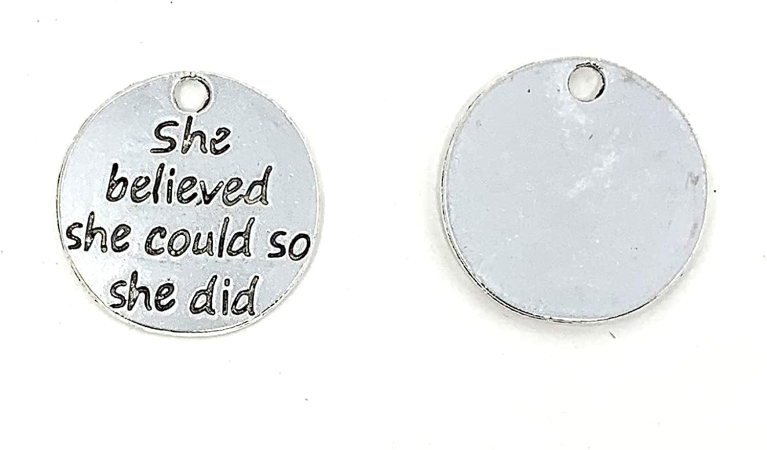30Pcs Alloy She Believed She Could so She Did DIY Message Charms Pendant for Crafting Bracelet Necklace Jewelry Making Accessory, Antique Silver Round