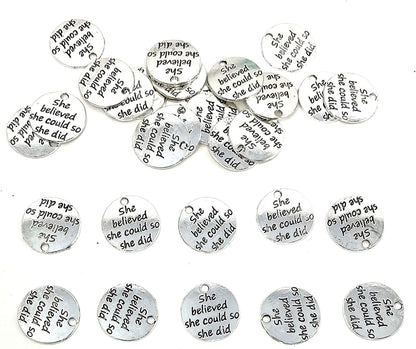 30Pcs Alloy She Believed She Could so She Did DIY Message Charms Pendant for Crafting Bracelet Necklace Jewelry Making Accessory, Antique Silver Round
