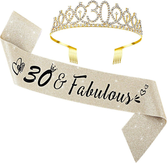 30Th Birthday Sash and Tiara Set 30 and Fabulous Satin Sash Gold Glitter Birthday Rhinestone Tiara Crown for 30Th Party Supplies Favors Decorations Apparel & Accessories > Clothing Accessories > Sashes WILLBOND   