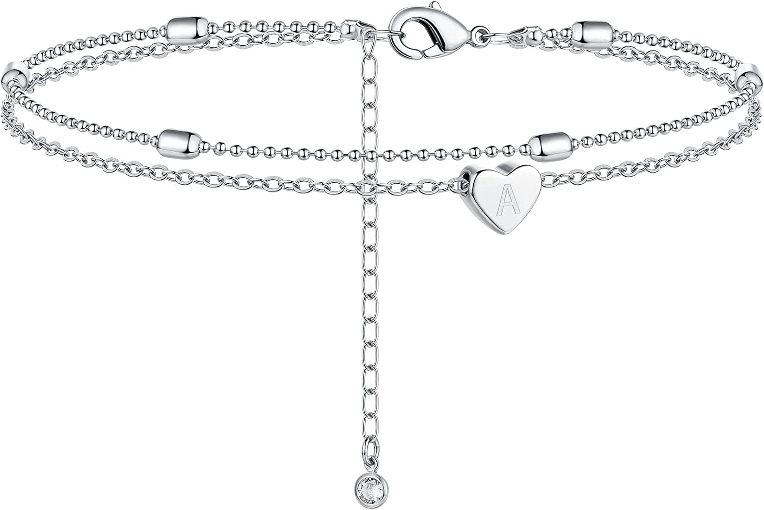 Moodear Silver Ankle Bracelets for Women, Sterling Silver Initial Anklet Layered Dainty Tiny Heart Charm Handmade Carved Alphabet A-Z Letter Ankle Bracelet Beaded Foot Chain Personalized Name Anklets Summer Cute Boho Beach Gift for Her Apparel & Accessories > Jewelry > Anklets Moodear Sterling Silver-A  