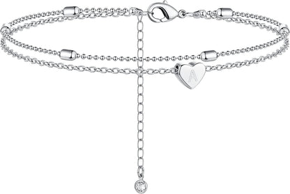 Moodear Silver Ankle Bracelets for Women, Sterling Silver Initial Anklet Layered Dainty Tiny Heart Charm Handmade Carved Alphabet A-Z Letter Ankle Bracelet Beaded Foot Chain Personalized Name Anklets Summer Cute Boho Beach Gift for Her Apparel & Accessories > Jewelry > Anklets Moodear Sterling Silver-A  