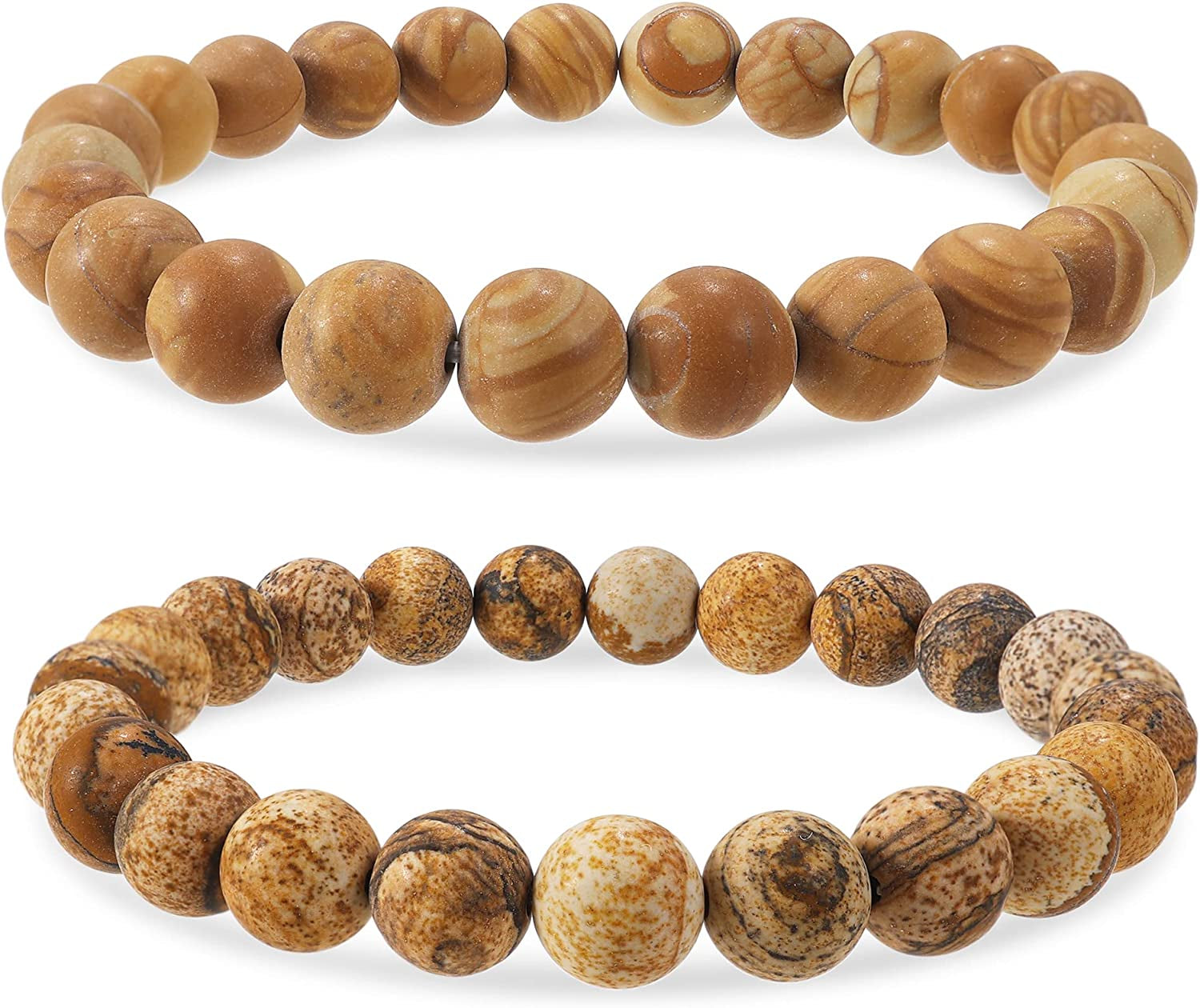 Bivei Natural Gem Semi Precious Reiki Healing Crystals Handmade 8Mm round Beads Stretch Bracelet Apparel & Accessories > Jewelry > Bracelets Bivei #2 PCS SET(Yellow Grain Stone+Picture Jasper(Frosted))  