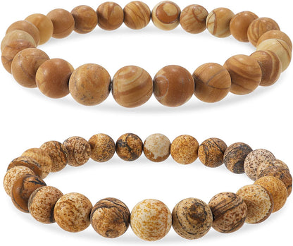 Bivei Natural Gem Semi Precious Reiki Healing Crystals Handmade 8Mm round Beads Stretch Bracelet Apparel & Accessories > Jewelry > Bracelets Bivei #2 PCS SET(Yellow Grain Stone+Picture Jasper(Frosted))  