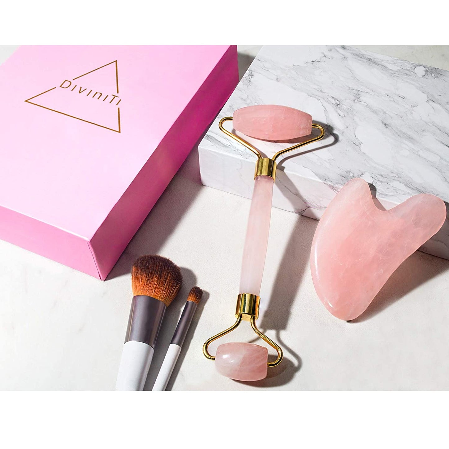Rose Quartz Roller & Gua Sha Massage Tool - Gifts for Women - Jade Roller for Face Roller - Skincare Tools for Face | anti Aging Rose Quartz Roller for Face | Guasha Tool for Face Health & Beauty > Personal Care > Cosmetics > Cosmetic Tools > Skin Care Tools DROP OF DIVINITI   