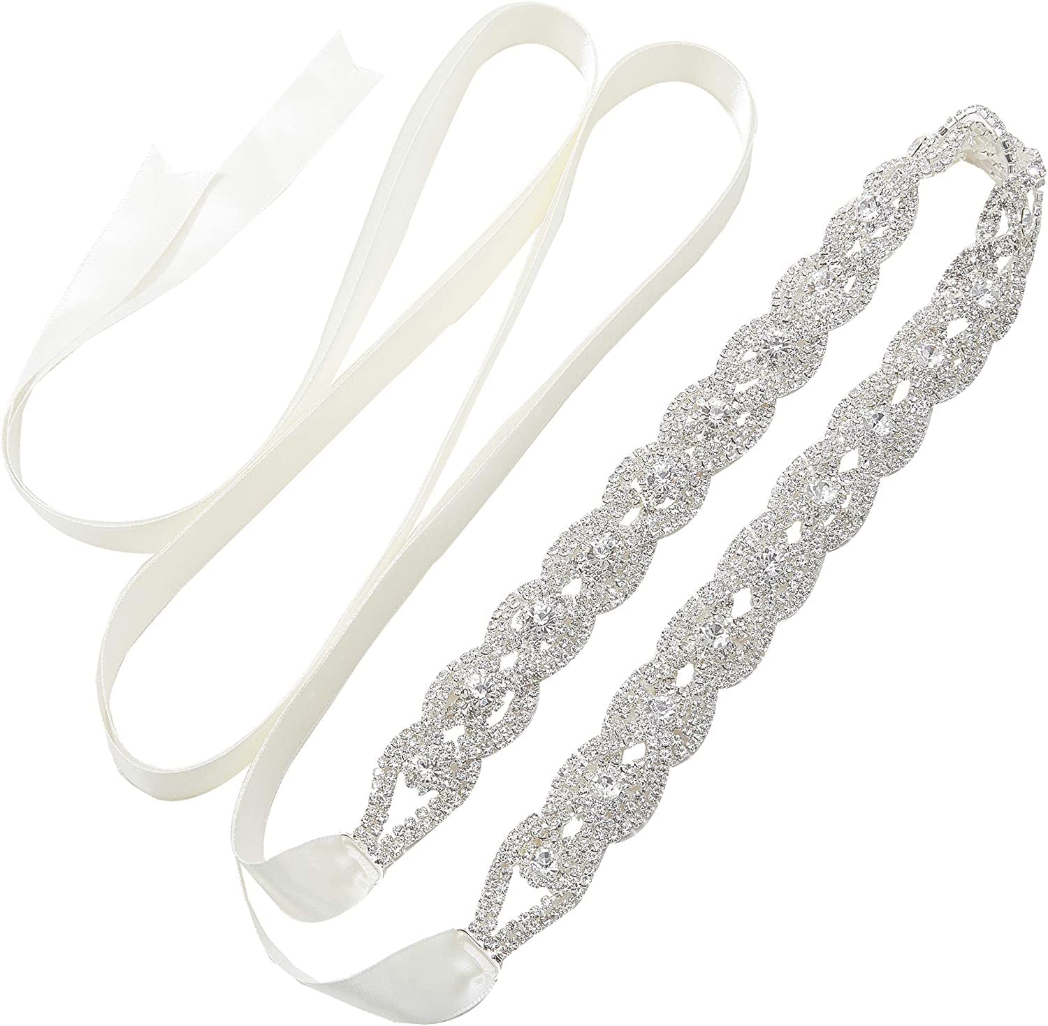 SWEETV Rhinestone Bridal Belt Braid Crystal Wedding Dress Belt Sash Headband for Bride Bridesmaid Apparel & Accessories > Clothing Accessories > Belts SWEETV Silver  