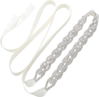 SWEETV Rhinestone Bridal Belt Braid Crystal Wedding Dress Belt Sash Headband for Bride Bridesmaid Apparel & Accessories > Clothing Accessories > Belts SWEETV Silver  
