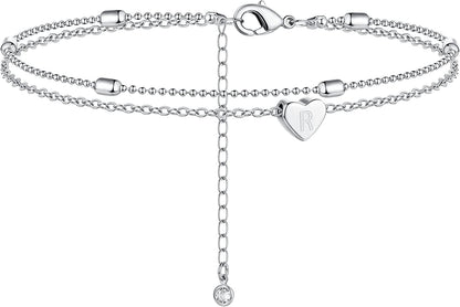 Moodear Silver Ankle Bracelets for Women, Sterling Silver Initial Anklet Layered Dainty Tiny Heart Charm Handmade Carved Alphabet A-Z Letter Ankle Bracelet Beaded Foot Chain Personalized Name Anklets Summer Cute Boho Beach Gift for Her Apparel & Accessories > Jewelry > Anklets Moodear Sterling Silver-R  