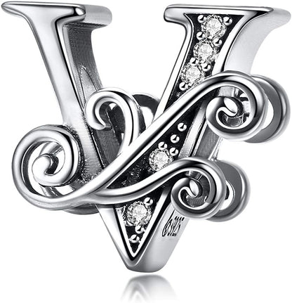 Solid 925 Sterling Silver with Cubic Stones, Complete A~Z Gift Options Alphabet Charm Letter Beads Fit Pandora European Bracelets Apparel & Accessories > Jewelry > Bracelets ABAOLALA ALPHABET V  