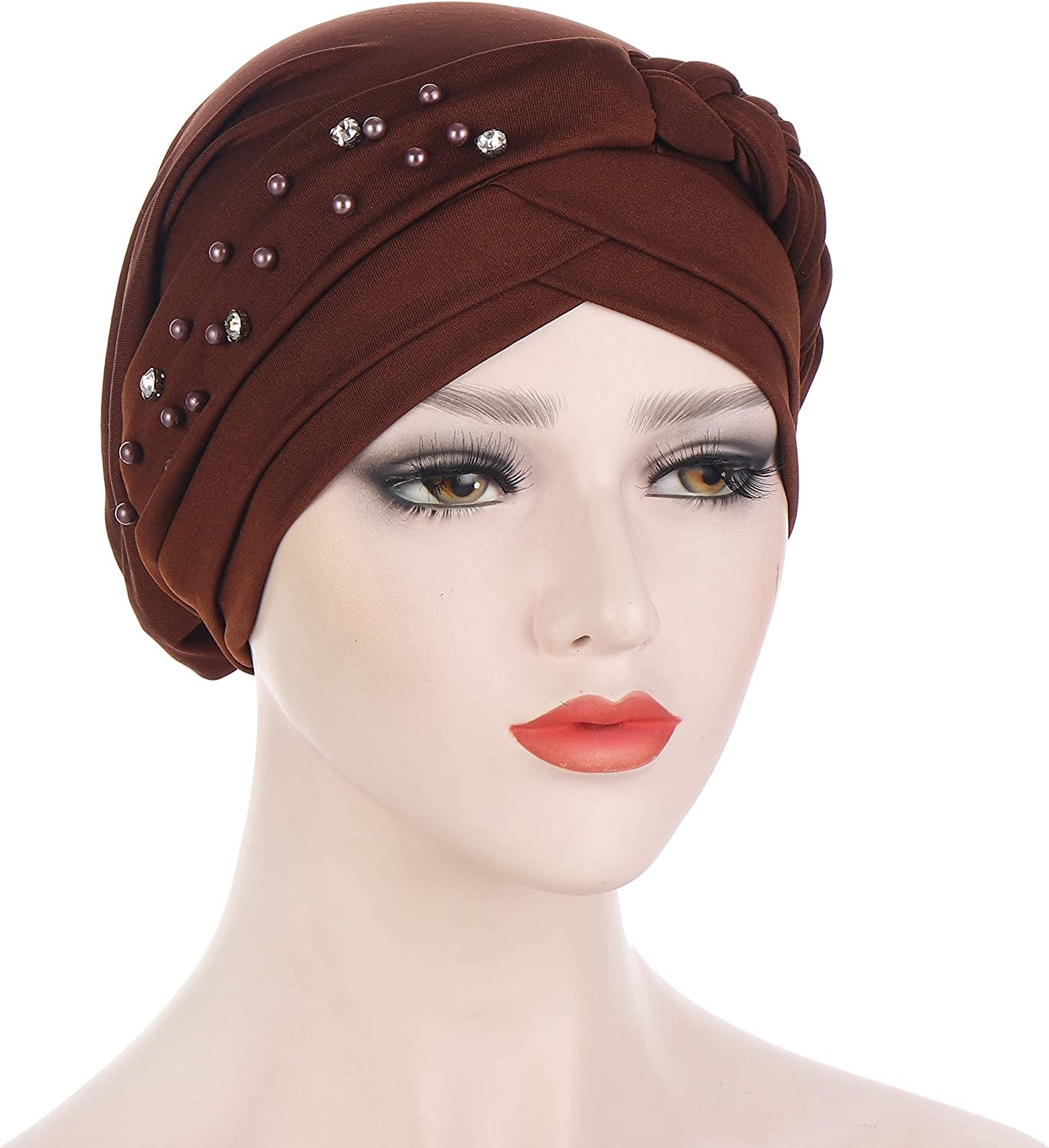Beauty YFJH Women Hijab Beading Pre-Tied Twisted Braid Turban Hat Head Scarf Cancer Chemo Beanies Headwear Headwrap Cap Apparel & Accessories > Clothing Accessories > Headwear beauty YFJH   