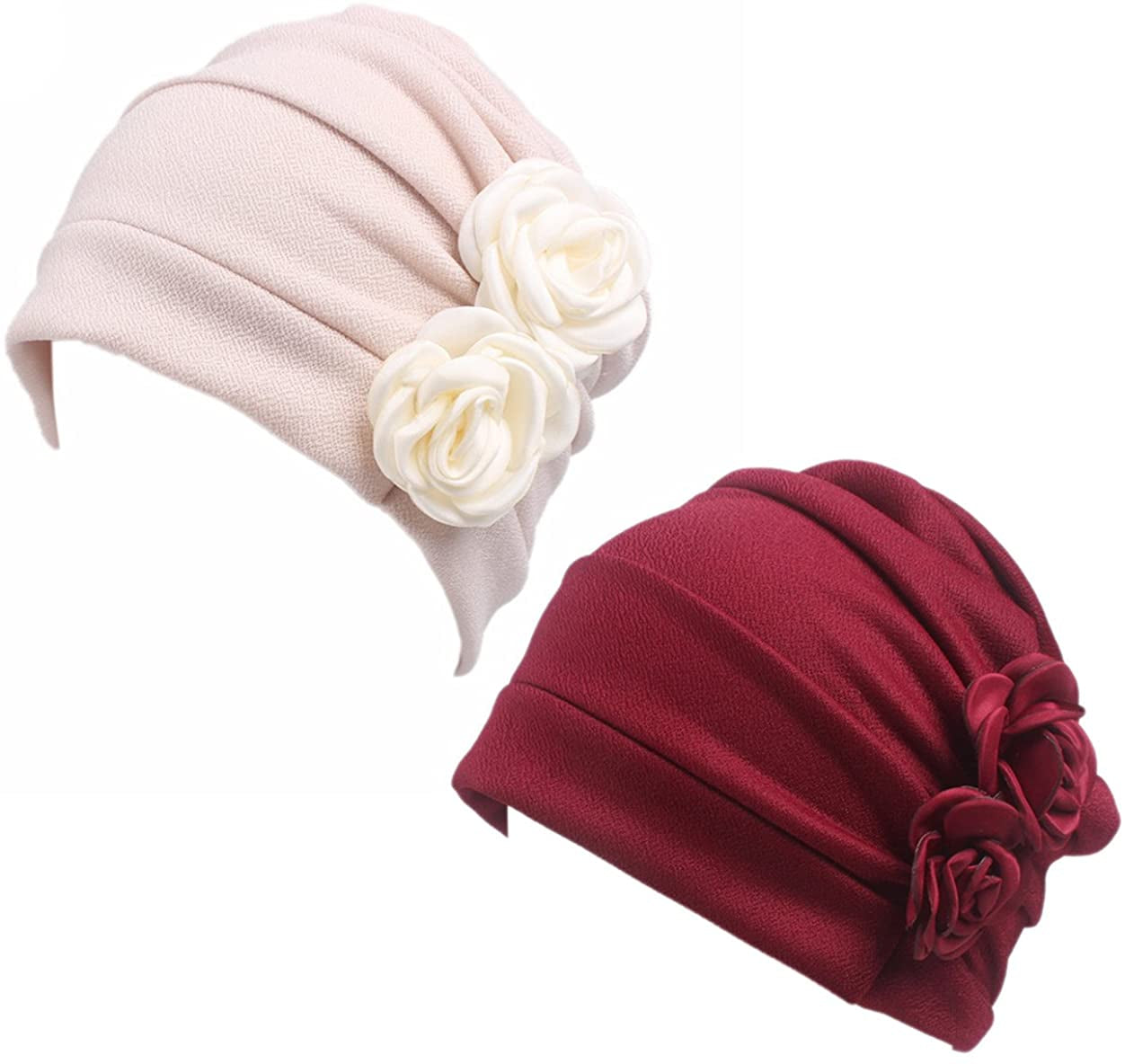 HONENNA Chemo Caps Headwear for Women Turbans Beanies Flowers Hats Headwrap for Cancer Patient Hair Loss Apparel & Accessories > Clothing Accessories > Headwear HONENNA Beige+wine  