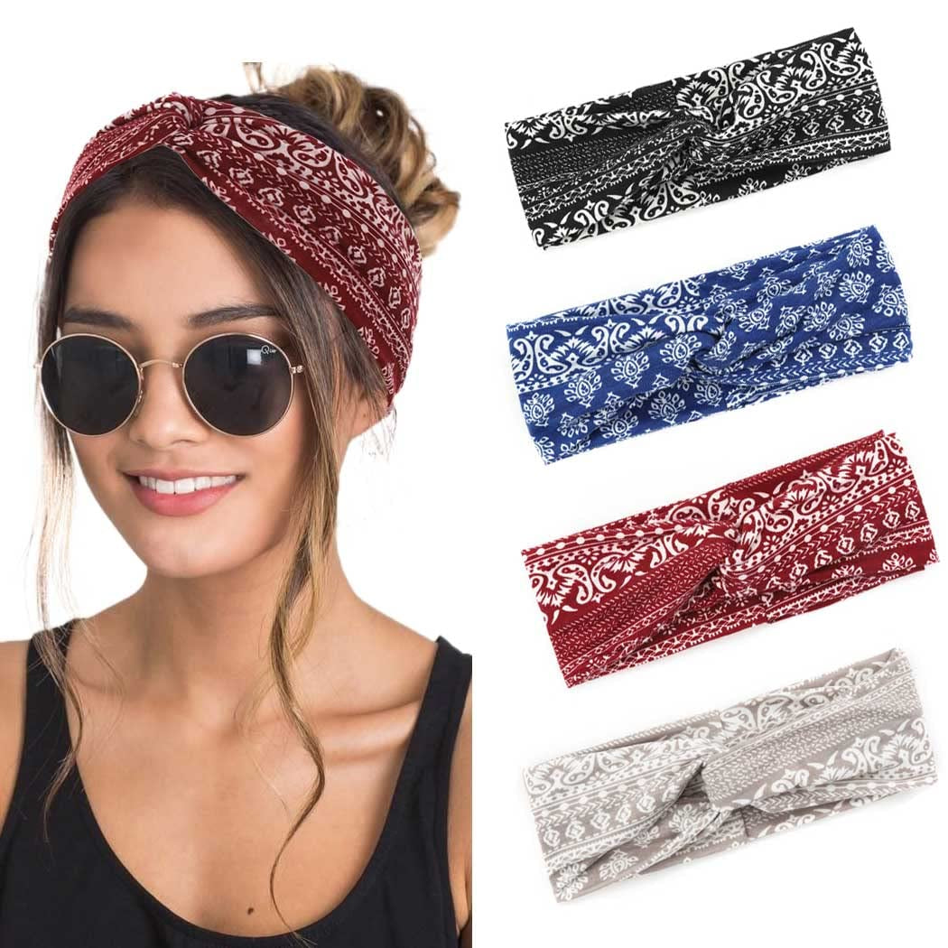 Urieo Boho Headbands Stretch Paisley Print Bandana Headband Criss Cross Hair Bands Knotted Head Wrap Yoga Daily for Women and Girls (Pack of 4) (A) Apparel & Accessories > Clothing Accessories > Bandanas & Headties Urieo G  