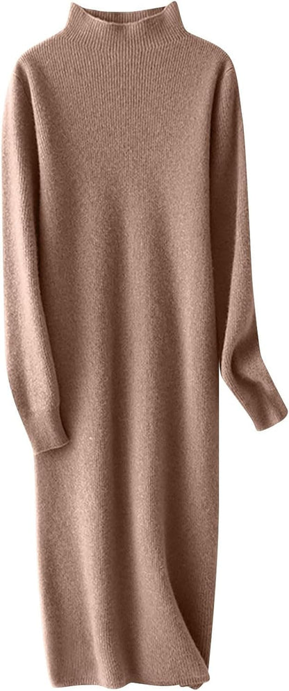 ROKIACDE Sweater Dress for Women Trendy Half High Collar Knitted Dress Casual Fall Winter Long Sleeve Elegant Midi Dress Apparel & Accessories > Clothing > Dresses ROKIACDE   