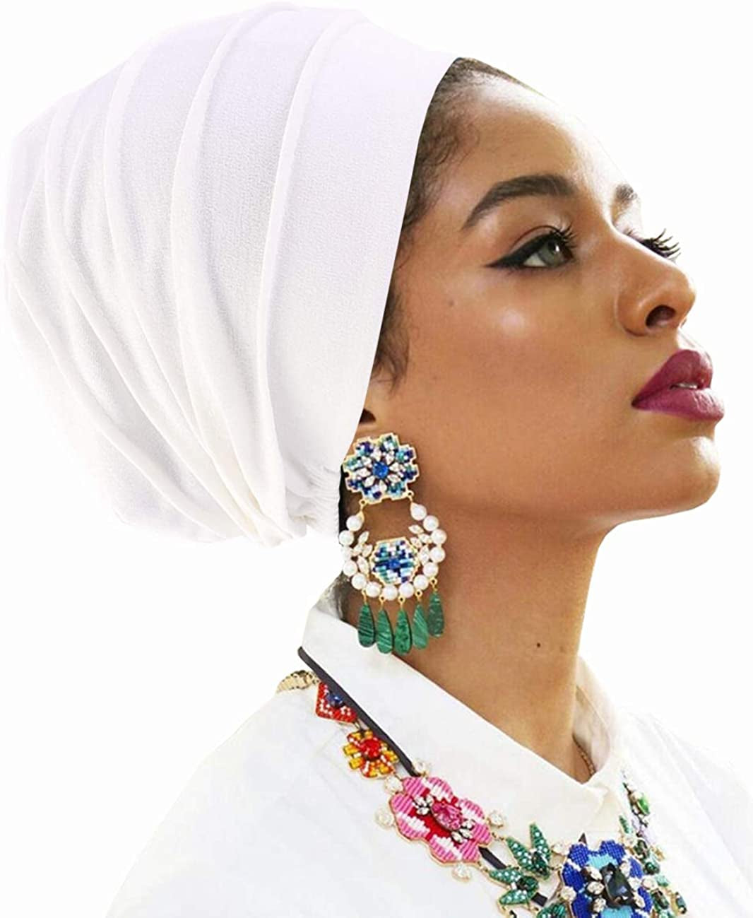 Pleated Chemo Cotton Turban Hat Alopecia Headwear Bald Head Cap for Cancer Covers Women Scarf Apparel & Accessories > Clothing Accessories > Headwear Harewom White One Size-Large 