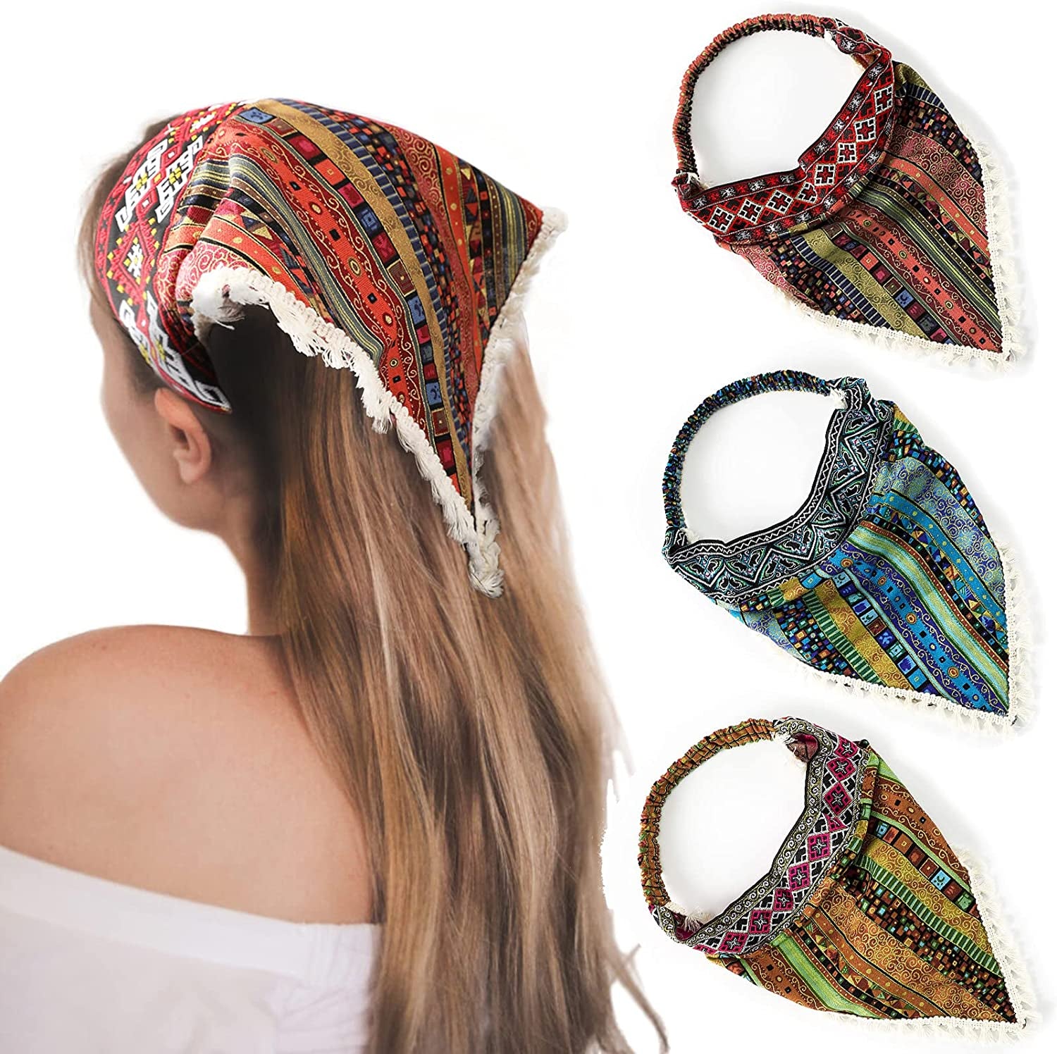 Floral Elastic Hair Scarf Headband - 3 PCS Chiffon Head Kerchief Headband Floral Hair Scarves with Hair Clips Hair Bandanas Apparel & Accessories > Clothing Accessories > Bandanas & Headties AWAYTR Fringe trim  