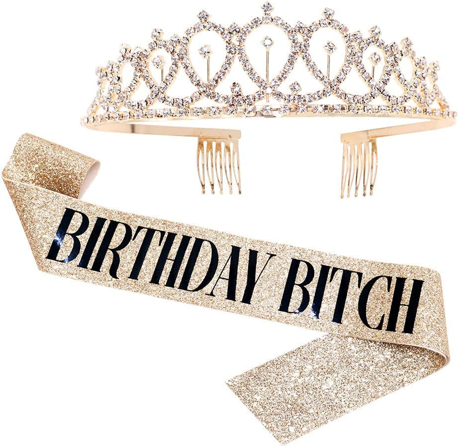 Birthday Bitch Sash & Rhinestone Tiara Kit - Gold Glitter Birthday Gifts Birthday Sash for Women Birthday Party Supplies Apparel & Accessories > Clothing Accessories > Sashes ADBetty   
