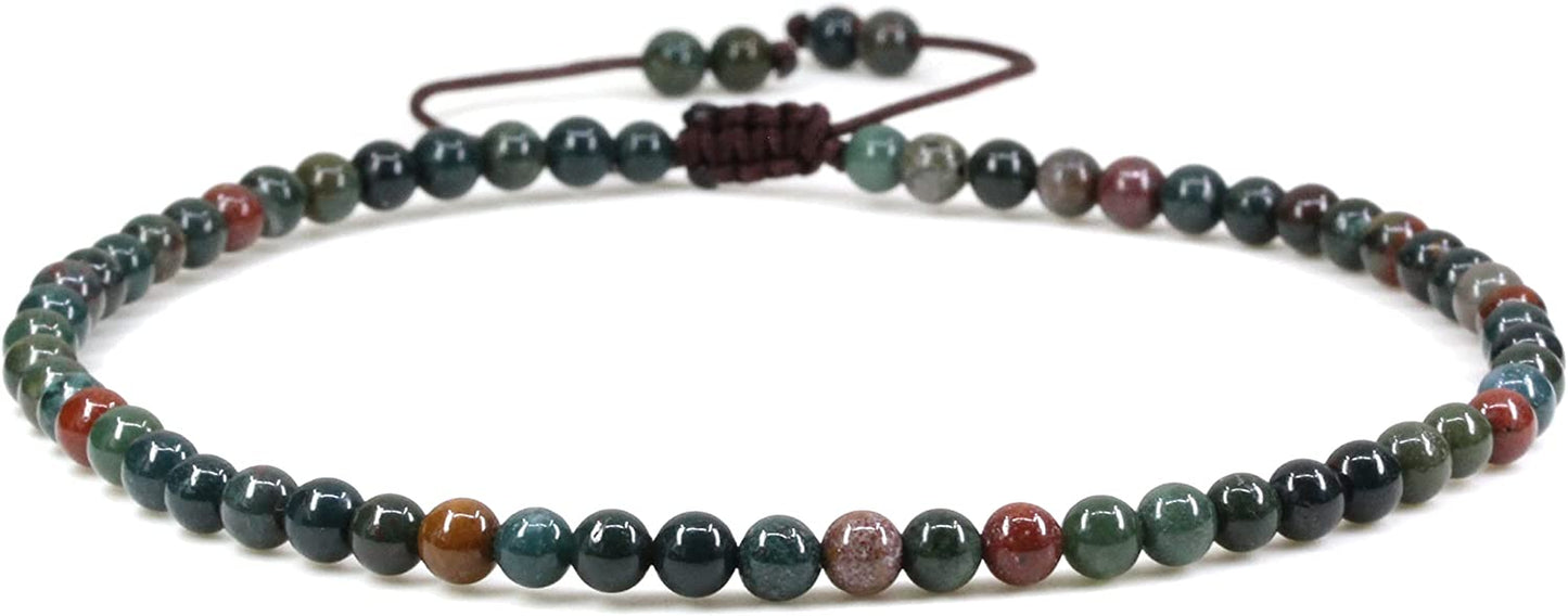 Keleny Natural Gemstone 4Mm round Bead Charm Stretch Anklet for Women Brown Rope Adjustable 8.6-11 Inch Apparel & Accessories > Jewelry > Anklets Kelenystones Green Bloodstone Heliotrope  