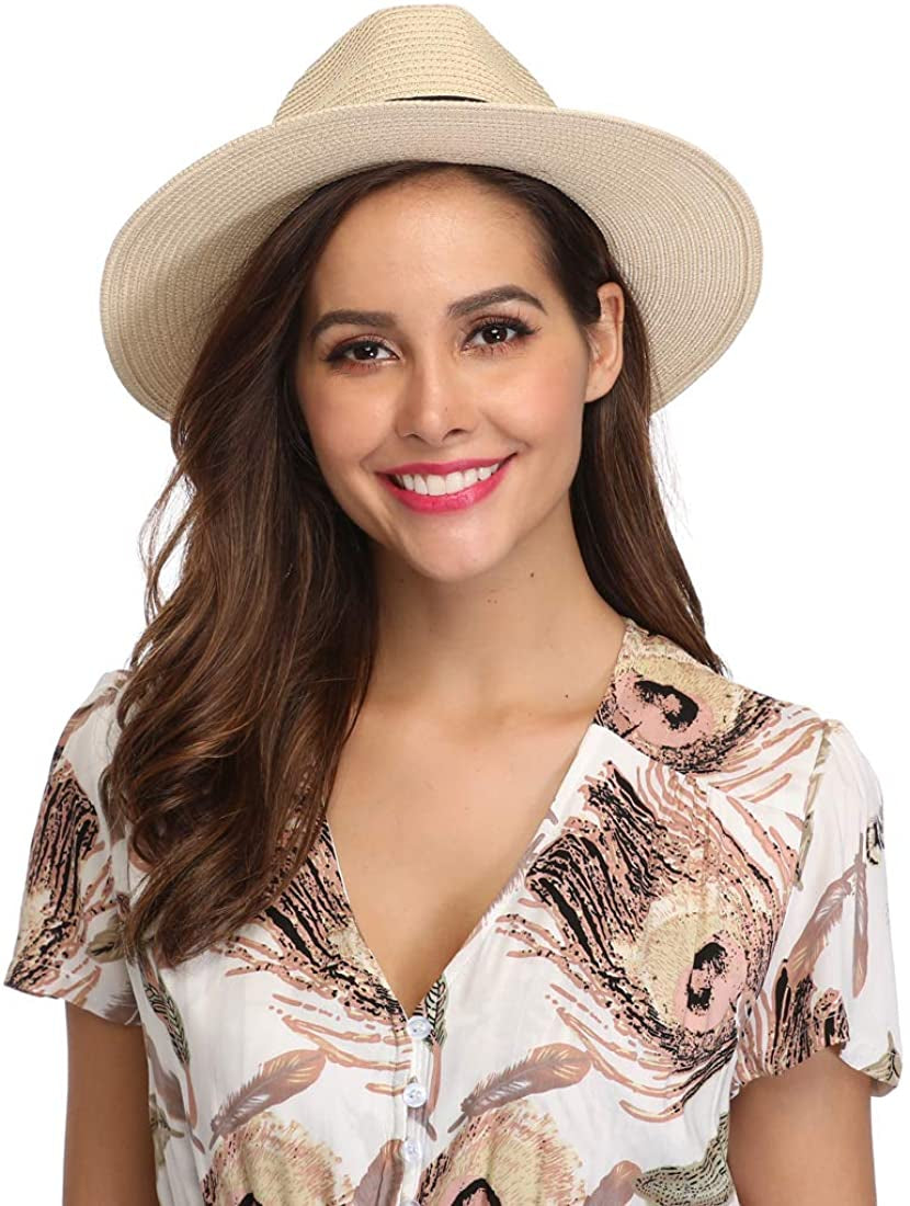 Lanzom Women Wide Brim Straw Panama Roll up Hat Belt Buckle Fedora Beach Sun Hat UPF50+ Apparel & Accessories > Clothing Accessories > Hats Lanzom   
