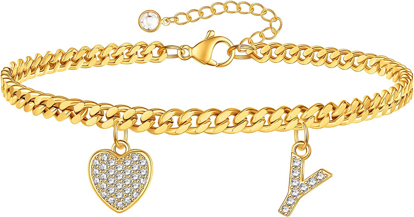 Gold Heart Ankle Bracelets for Women 14K Gold Plated Initial Charm Gold Anklets for Women Cuban Link Chain Heart Anklet Bracelets for Women Apparel & Accessories > Jewelry > Anklets BRIJEWLIC Y  