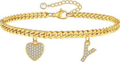 Gold Heart Ankle Bracelets for Women 14K Gold Plated Initial Charm Gold Anklets for Women Cuban Link Chain Heart Anklet Bracelets for Women Apparel & Accessories > Jewelry > Anklets BRIJEWLIC Y  