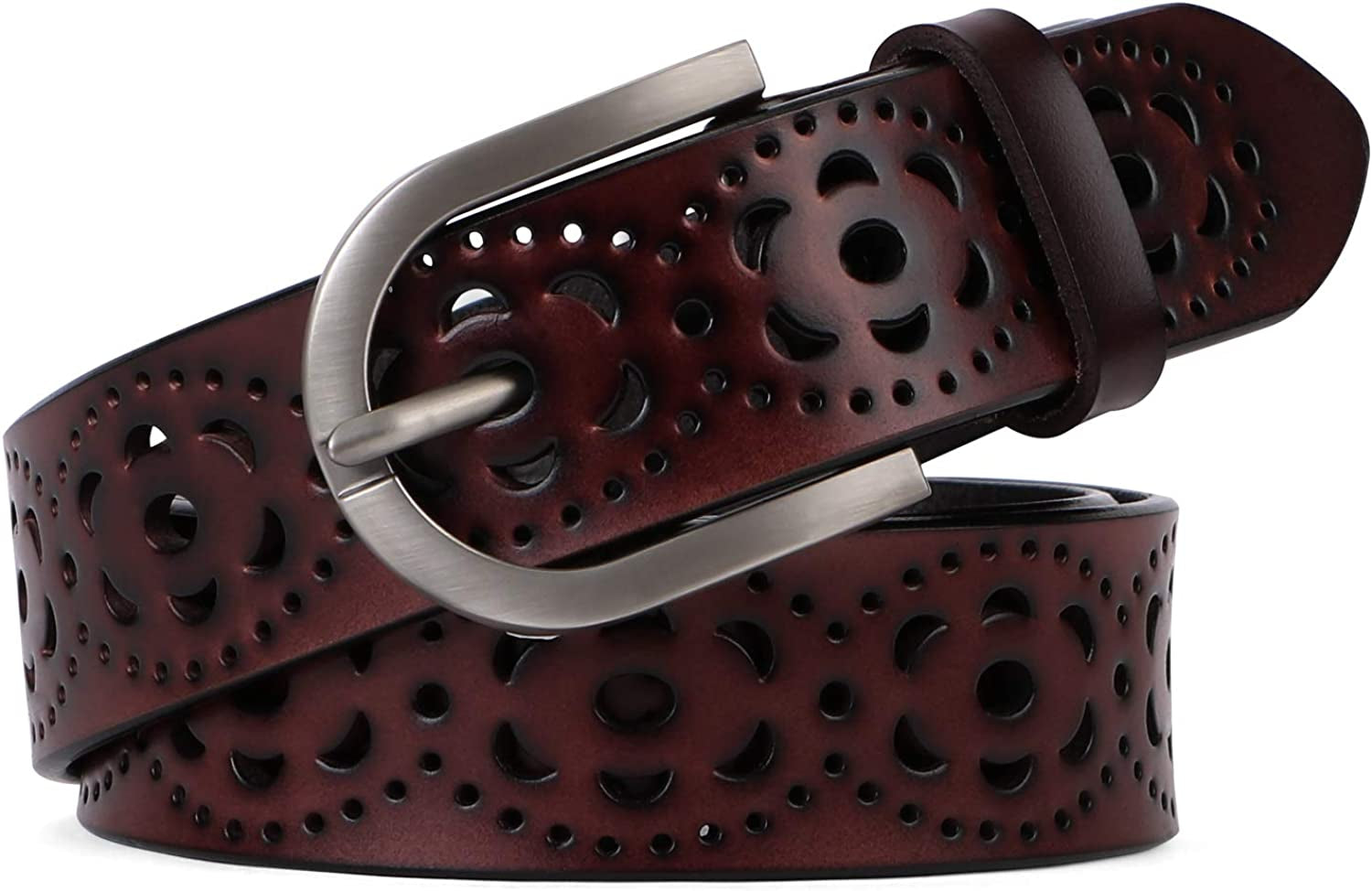 JASGOOD Women’S Hollow Flower Leather Belt for Jeans Pants Wide Belt for Ladies Apparel & Accessories > Clothing Accessories > Belts KYLIE MAX F-coffee Suitable for waist size 20-25" 