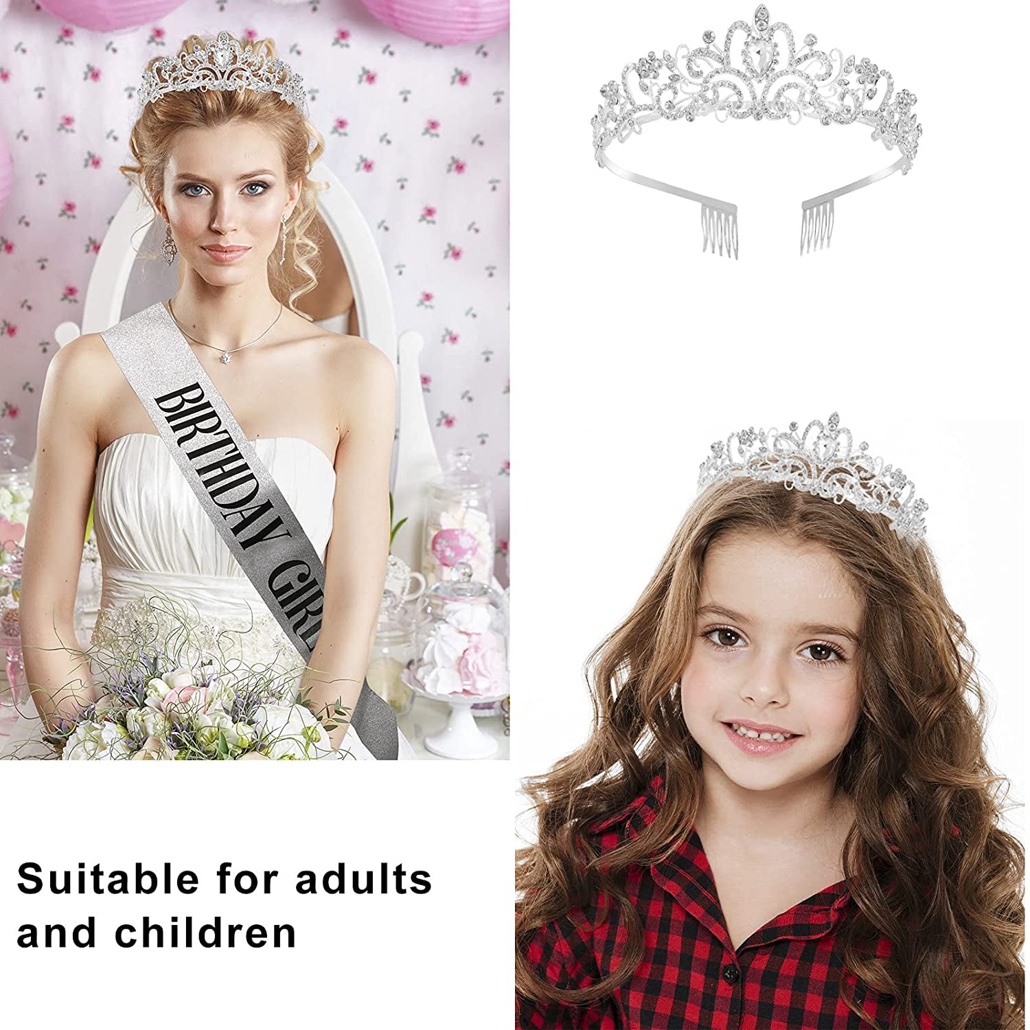 Birthday Girl Sash and Tiara for Women - LETSCARE Birthday Sash & Rhinestone Crown with Comb, Gift Kit for Birthday Decorations & Party Favors(Sliver) Apparel & Accessories > Clothing Accessories > Sashes LetsCare   