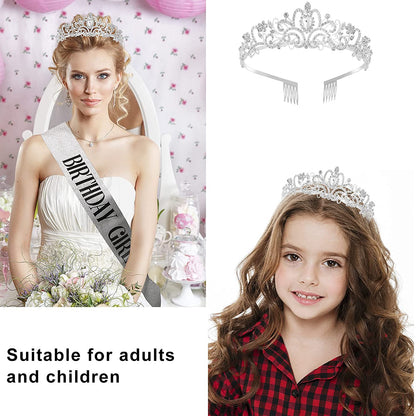 Birthday Girl Sash and Tiara for Women - LETSCARE Birthday Sash & Rhinestone Crown with Comb, Gift Kit for Birthday Decorations & Party Favors(Sliver) Apparel & Accessories > Clothing Accessories > Sashes LetsCare   