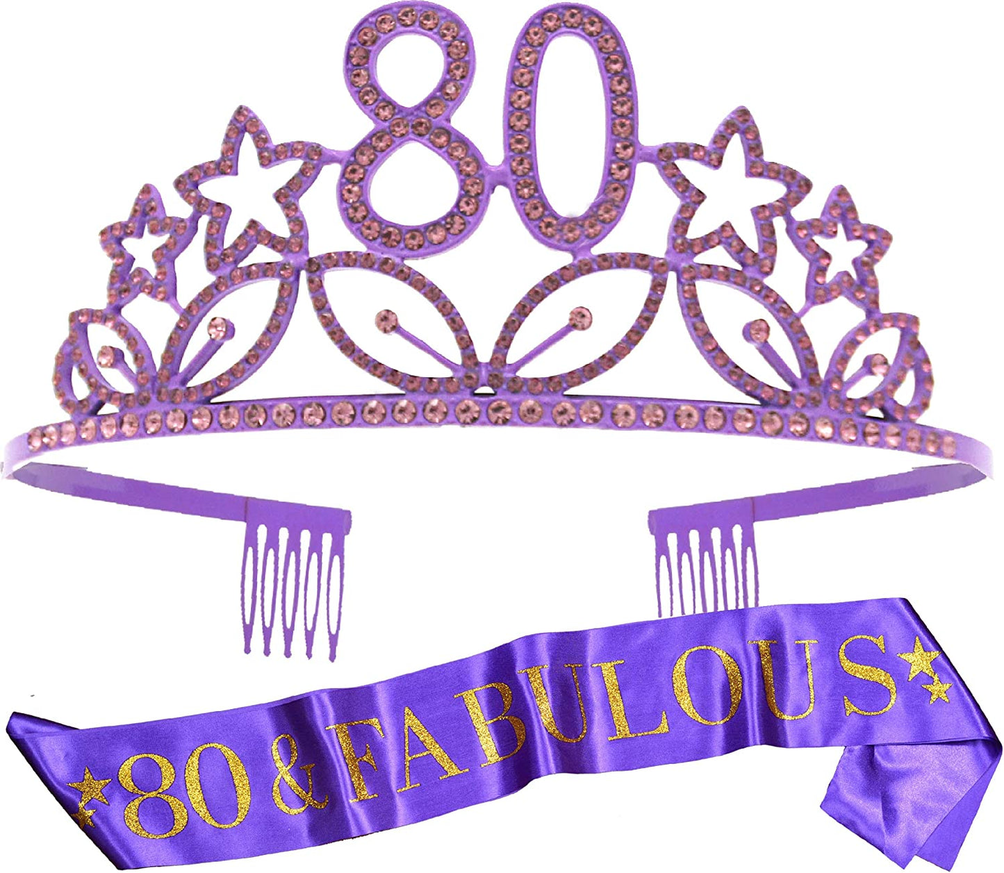 MEANT2TOBE 80Th Birthday Sash and Tiara for Women - Fabulous Glitter Sash + Stars Rhinestone Gold Premium Metal Tiara for Her, 80Th Birthday Gifts for 80 Celebration Apparel & Accessories > Clothing Accessories > Sashes MEANT2TOBE Purple  