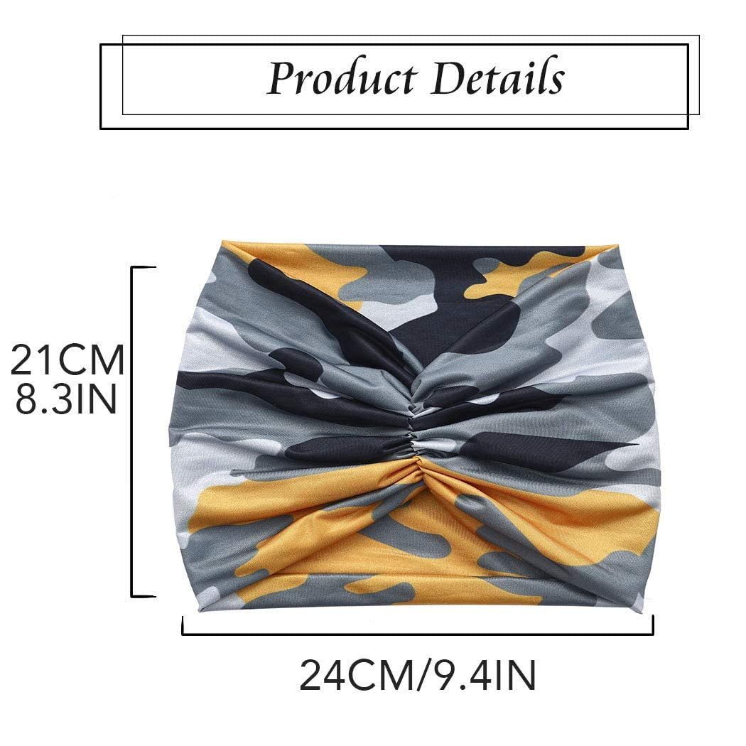 CAKURE Boho Camo Headbands Extra Wide Turban African Head Wraps Stretchy Hairbands Cloth Headband Elastic Yoga Head Scarf Fashion Head Bands for Women and Girls Pack of 4 Apparel & Accessories > Clothing Accessories > Bandanas & Headties CAKURE   