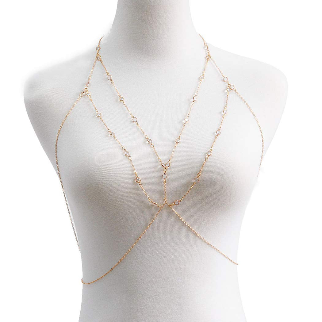 Asooll Layer Crystal Body Chain Rhinestone Bra Beach Bikini Chains Harness Chain Party Nightclub Body Accessories Jewelry for Women and Girls (Gold) Apparel & Accessories > Jewelry > Body Jewelry Asooll   