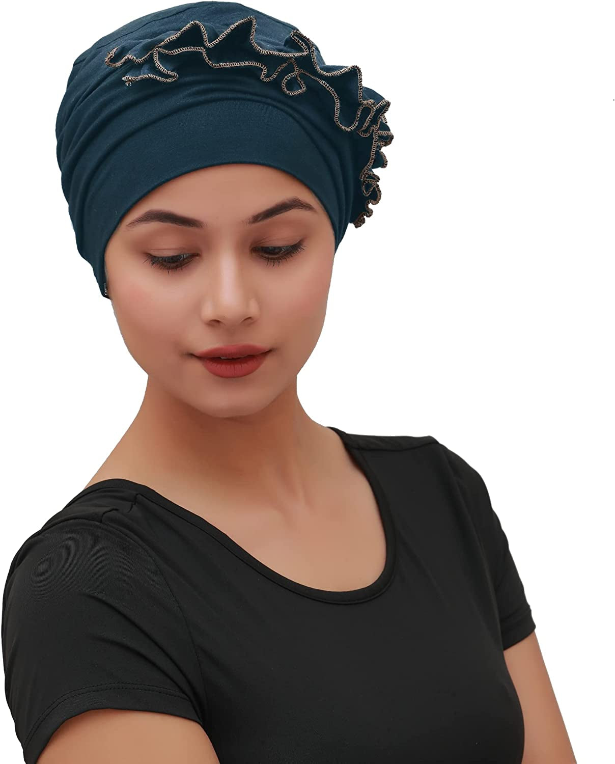 SAKUCHI Women Chemo 2 Piece Ruffle Cap & Band for Cancer Hair Loss Women Silky Soft Bamboo Headwear (2 Piece) Apparel & Accessories > Clothing Accessories > Headwear SAKUCHI Metallic  