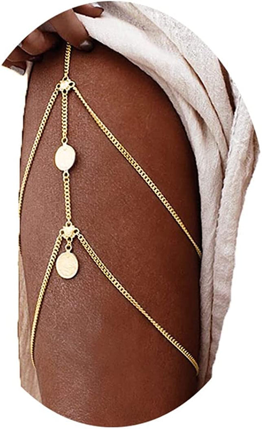 Boho Thigh Chain Sexy Gold Layered Leg Chains Evening Rave Metal Pendant Adjustable Body Accessories Jewelry for Women Apparel & Accessories > Jewelry > Body Jewelry Generic   