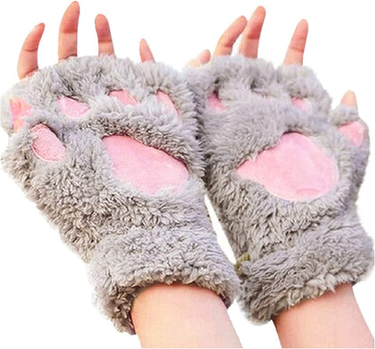 Cat Claw Bear Paw Fingerless Winter Plush Gloves 1Pair for Women Girls Fleece Plush Gloves Mittens Half Finger Gloves Cosplay Apparel & Accessories > Clothing Accessories > Gloves & Mittens JPLZi Gray One Size 