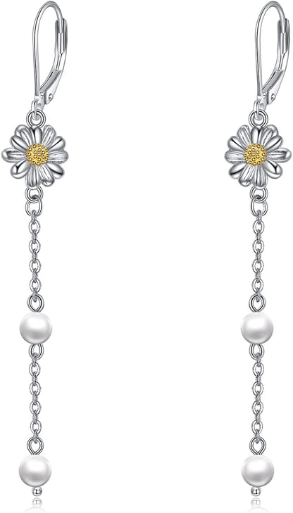Daisy Earrings,Rose Earrings,Lotus Earrings,Sunflower Earrings Sterling Silver Gold Plated Filigree Flower Leverback Dangle Earrings for Women Girls Apparel & Accessories > Jewelry > Earrings LUHE Daisy pearl earrings  