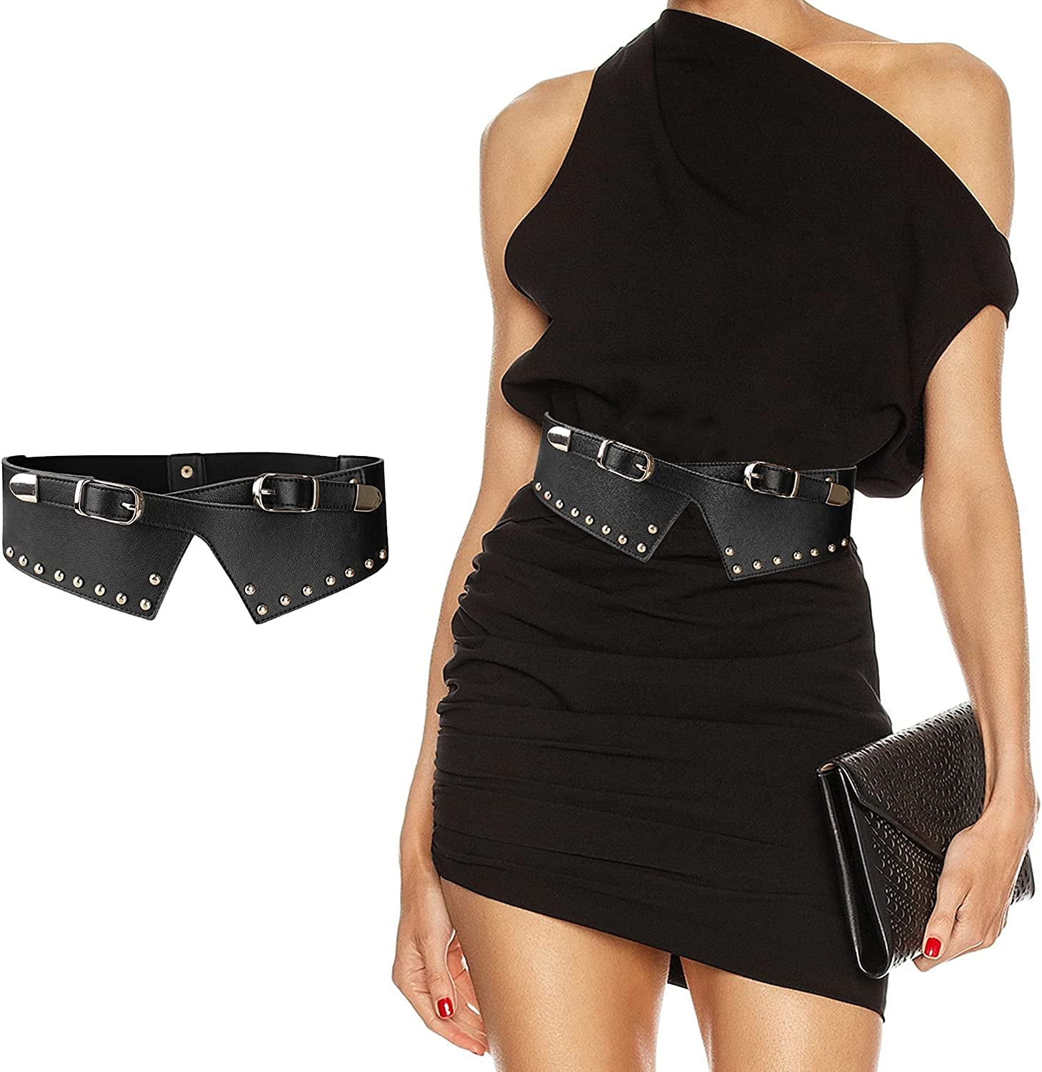 FIORETTO Womens Dress Belt Wide Black Fashion Studded Belts S Size Fit Waist Girth from 25" to 29" Apparel & Accessories > Clothing Accessories > Belts FIORETTO   