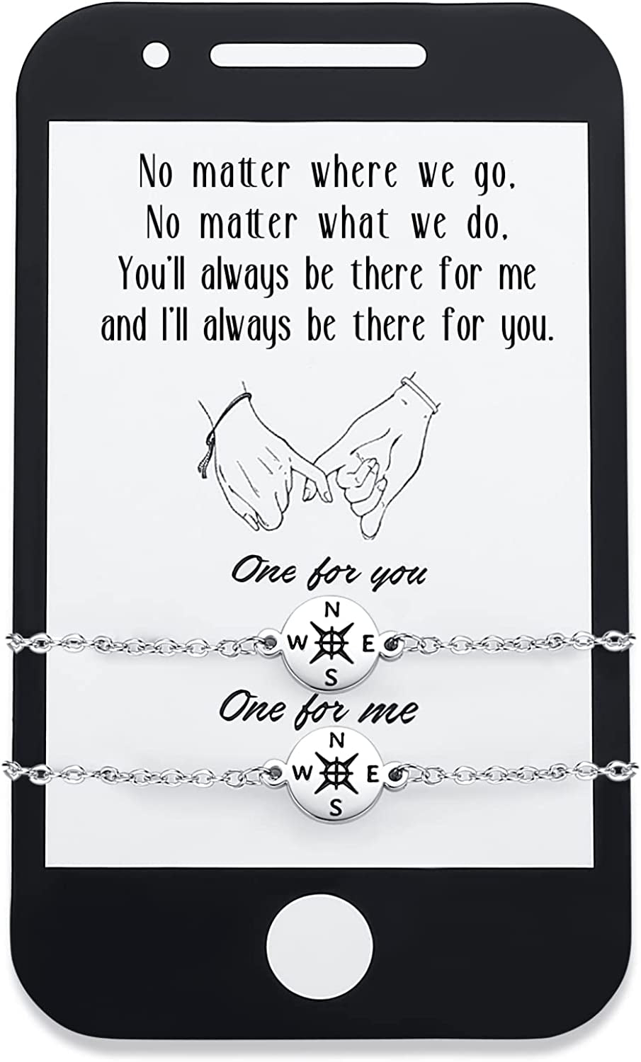 SAM & LORI Unique Matching Bracelets for Best Friends Couples Mother Daughter Son Dad Sisters Brothers-Unisex Adjustable Bracelets- Comes with Cards in Giftable Packing Apparel & Accessories > Jewelry > Bracelets SAM & LORI 2-Compass-Silver-Phone Shape Card  