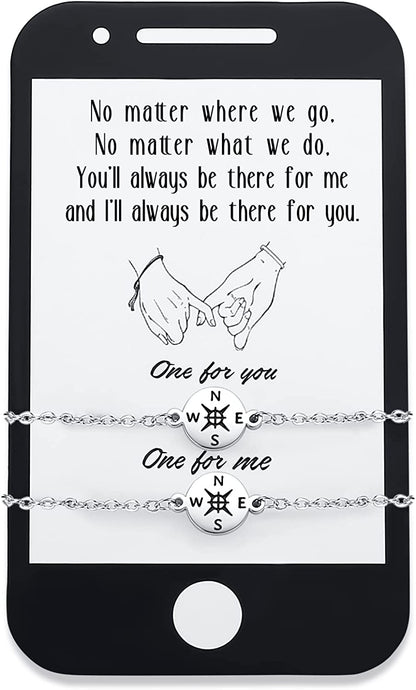 SAM & LORI Unique Matching Bracelets for Best Friends Couples Mother Daughter Son Dad Sisters Brothers-Unisex Adjustable Bracelets- Comes with Cards in Giftable Packing Apparel & Accessories > Jewelry > Bracelets SAM & LORI 2-Compass-Silver-Phone Shape Card  