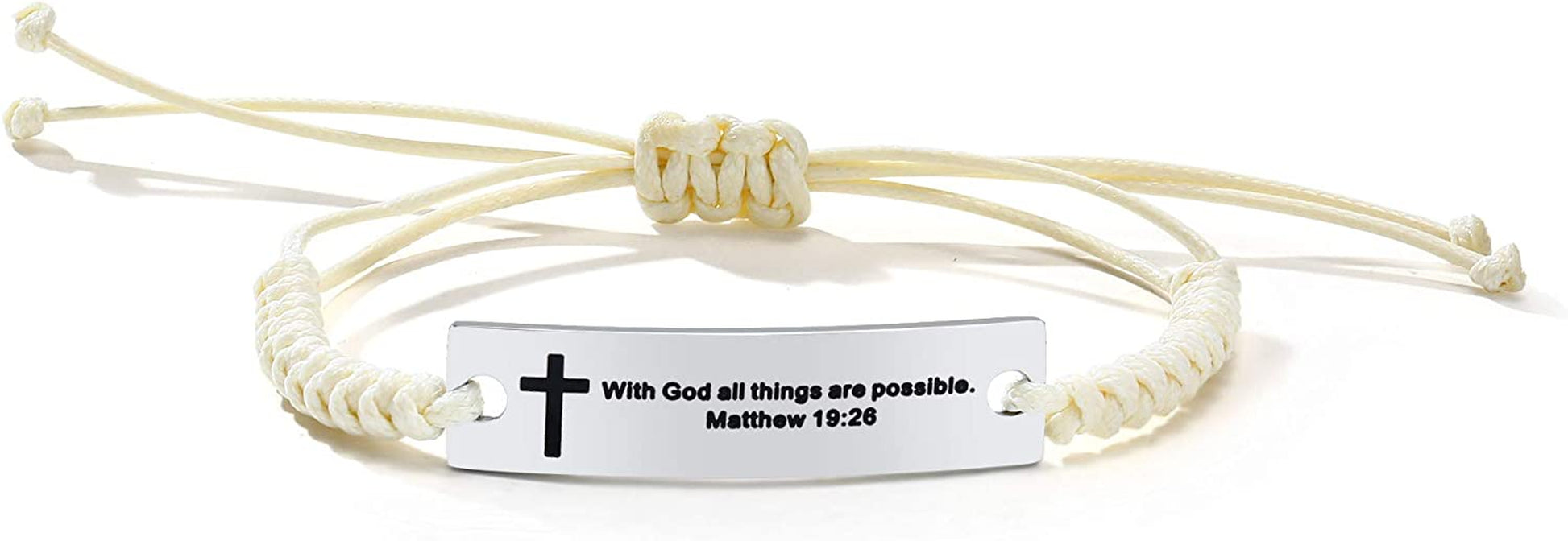 Personalized Unisex Religious Bible Verse Scripture Quotes Bracelet Faith Christian Adjustable Cord Stainless Steel Encourage Inspirational ID Bracelets for Men Women, Christmas Gift Customized Apparel & Accessories > Jewelry > Bracelets Mealguet Beige-With God all things are possible. Matthew 19:26  